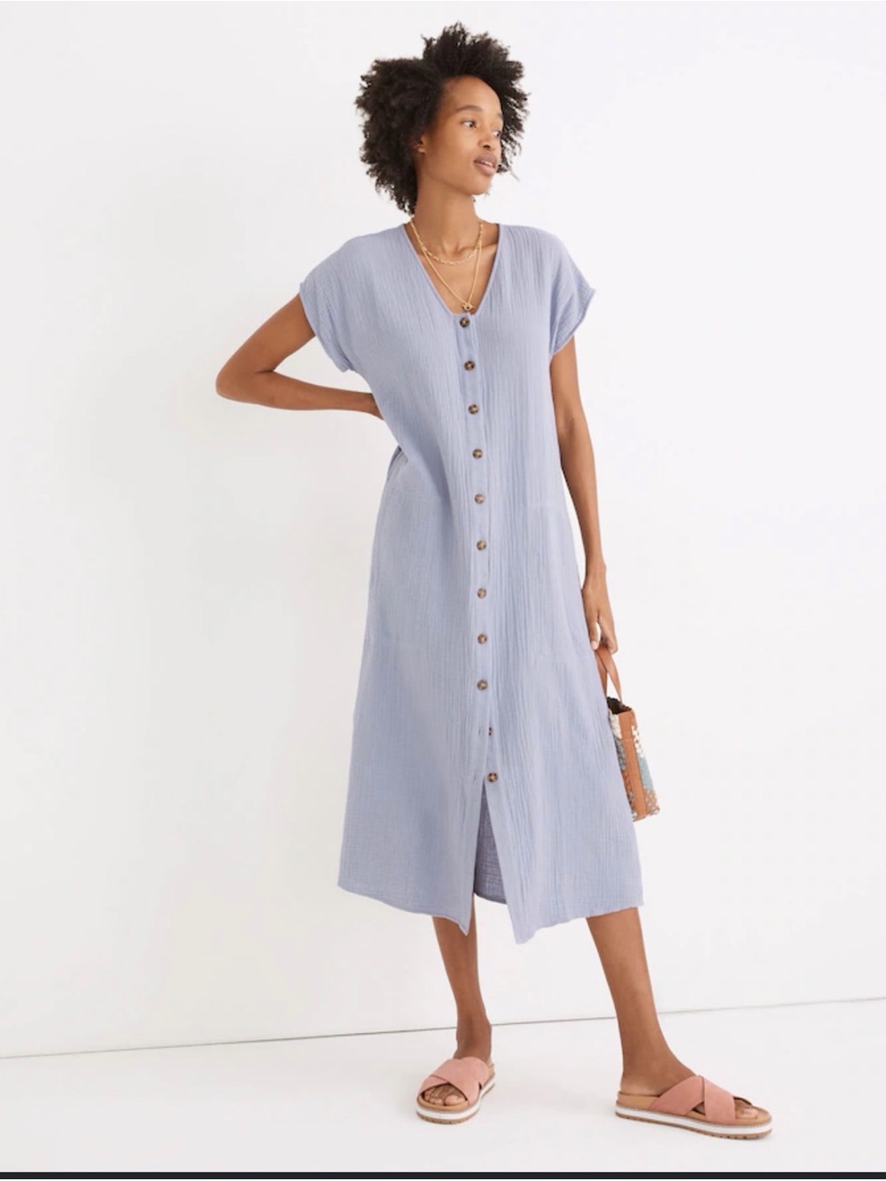 Madewell Pale Blue Button-Front Midi Dress sz xs NWT